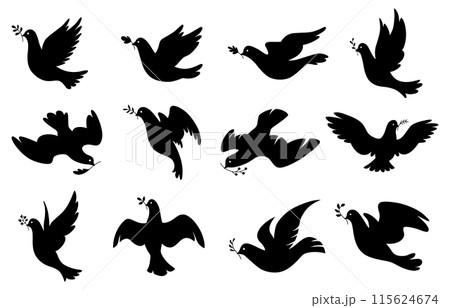 Dove silhouettes icon set. Black shape of pigeons. Vector flying doves with olive branch on white background 115624674