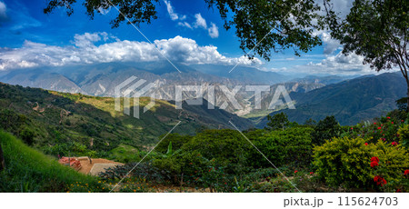 Chicamocha Canyon, steep sided canyon carved by the Chicamocha River in Colombia. Santander department. 115624703