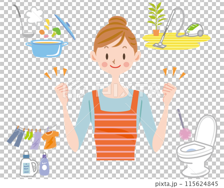 Housewife working hard at housework, mom, fist pump, housekeeping 115624845