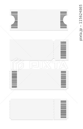Abstract blank ticket stubs template on white background. Ticket mockup in different shapes with barcode. Realistic style. Vector illustration Abstract blank ticket stubs template on white background. Ticket mockup in different shapes with barcode. Realistic style. Vector illustration 115624865