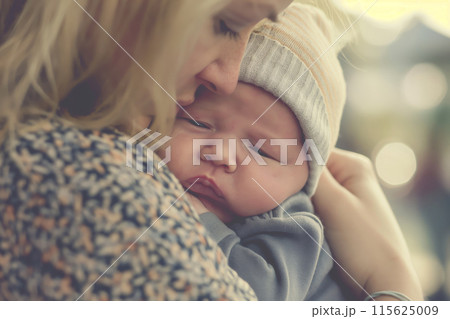 Mother gently holds her sleeping newborn wrapped in a cozy blanket Mother gently holds her sleeping newborn wrapped in a cozy blanket 115625009