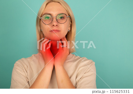 Sick woman suffer from sore throat touch enlarged lymph nodes staying home on sick leave. Sick woman suffer from sore throat touch enlarged lymph nodes staying home on sick leave. 115625331