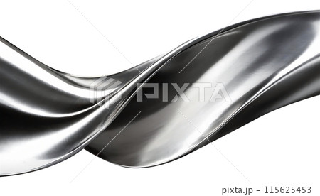 Abstract fluid metal bent form. Metallic shiny curved wave in motion. Cut out design element steel texture effect. 115625453