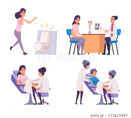 Pregnancy stages. Maternity planning gynecologist examining before childbirth in medical clinic exact vector pregnancity concept pictures Pregnancy stages. Maternity planning gynecologist examining before childbirth in medical clinic exact vector pregnancity concept pictures 115625487