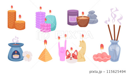 Aroma candles. Various types of wax decorative candles with good smell in massage room or meditation saloon exact vector set illustrations of hand made candles 115625494