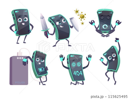 Smartphone character. Cute mascot cell phone gadget in action pose chatbot fight with viruses exact vector smartphone with different emotional faces 115625495