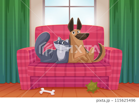 Playing cat dogs. Domestic pets in living room hugging exact vector background illustration Playing cat dogs. Domestic pets in living room hugging exact vector background illustration 115625496