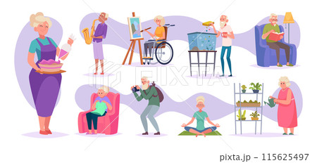 Pensioner hobby. Elderly male and female characters different occupation at home reading books making yoga working on computer exact vector cartoon characters Pensioner hobby. Elderly male and female characters different occupation at home reading books making yoga working on computer exact vector cartoon characters 115625497