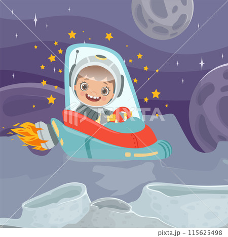 Kids astronaut child sitting in space shuttle and flying outdoors in cosmos cartoon background Kids astronaut child sitting in space shuttle and flying outdoors in cosmos cartoon background 115625498