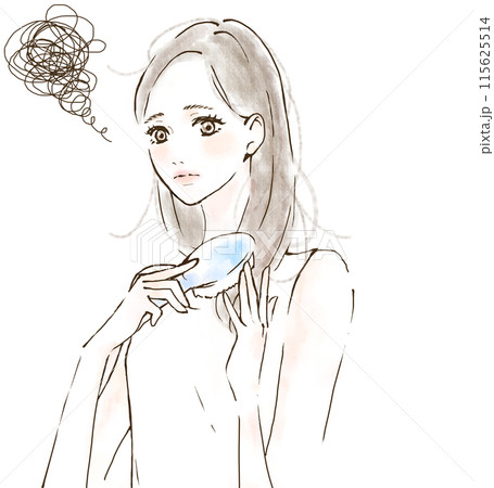 寝癖がついた髪をケアする女性のイラスト ストレス ダメージヘア 寝癖がついた髪をケアする女性のイラスト ストレス ダメージヘア 115625514