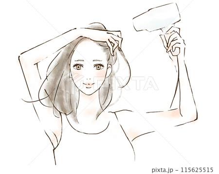 ドライヤーで髪と地肌を乾かす女性のイラスト 115625515