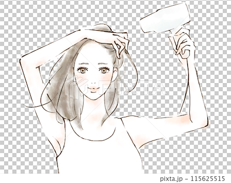 一名婦女用吹風機吹乾頭髮和頭皮的插圖 115625515