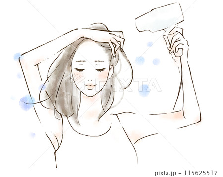 髪を乾かす女性 水彩風 爽やか 微笑む人物イラスト 髪を乾かす女性 水彩風 爽やか 微笑む人物イラスト 115625517