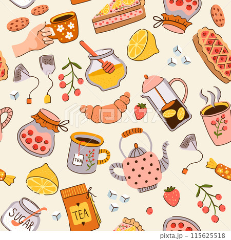 Tea pattern lemon sugar cakes tasty products for tea time vector seamless background 115625518