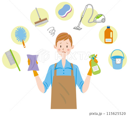 掃除する夫　男性　困る　ストレス　お父さん　家事　掃除道具 115625520
