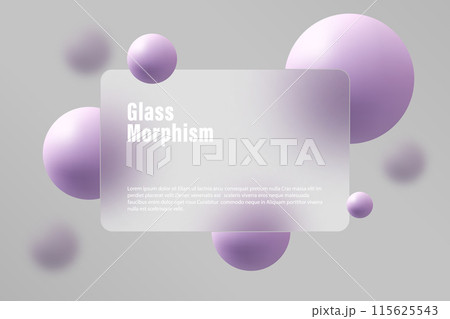 Glass morphism landing page with rectangular frame, illustration with blurry floating spheres. Glass morphism landing page with rectangular frame, illustration with blurry floating spheres. 115625543