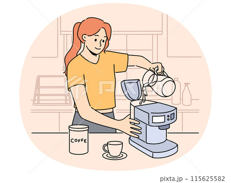 Smiling woman making coffee in machine Smiling woman making coffee in machine 115625582