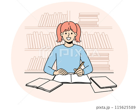 Smiling girl sit at desk for homeworkのイラスト素材 [115625589] - PIXTA