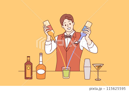 Man bartender mixes cocktail from different alcoholic drinks standing at bar counter of nightclub Man bartender mixes cocktail from different alcoholic drinks standing at bar counter of nightclub 115625595