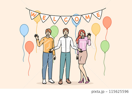 Welcome party from happy family welcoming friends into new apartment with balloons to celebrate move 115625596