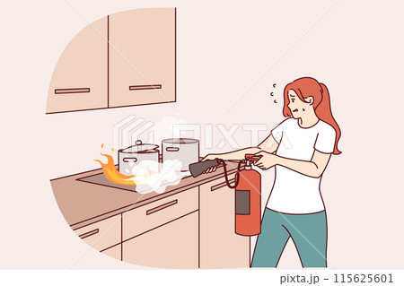 Woman puts out fire in kitchen with fire extinguisher, and panics for fear of combustion spreading 115625601