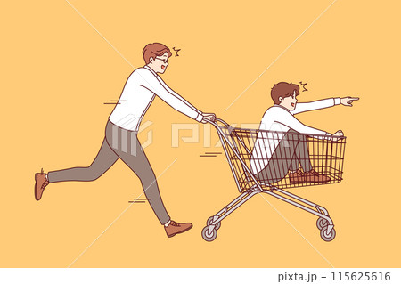 Business man rides partner on carts from supermarket, for concept managing retail company or store 115625616