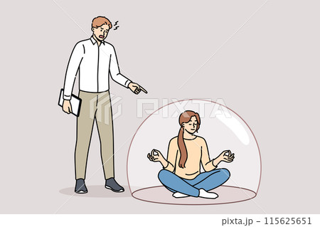 Woman meditates and does not pay attention to screaming boss, sits in lotus position in cocoon 115625651