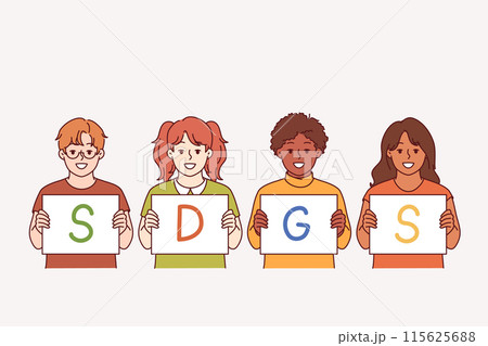 SDGS letters in hands of children calling to define and comply with sustainable development goals 115625688