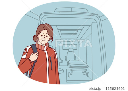 Woman EMS paramedic proudly stands by ambulance before leaving as patient in need of treatment 115625691