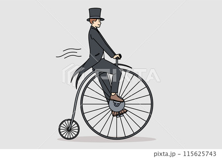Man in tailcoat rides vintage penny farthing bicycle, imagining time travel to last century 115625743
