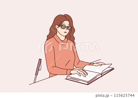 Blind woman reads braille book, using literature for people with disabilities to gain new knowledge 115625744