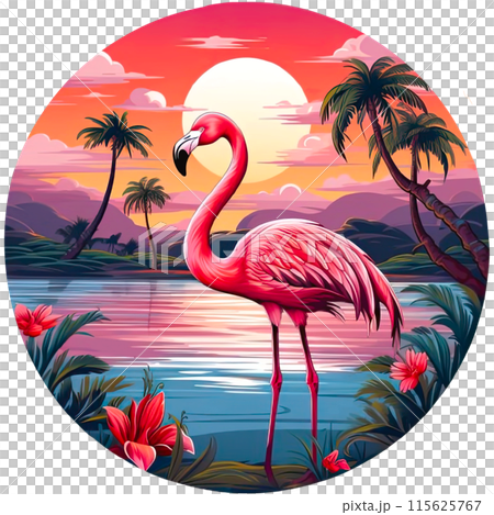 Hawaiian flamingo among palm trees, tropical plants and flowers 115625767