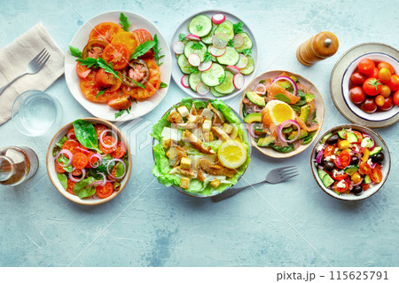 Fresh salads, overhead flat lay shot of an assortment Fresh salads, overhead flat lay shot of an assortment 115625791