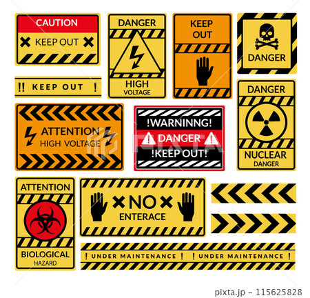 Danger warning boards icon set. Caution and dangerous areas. Yellow signs for safety, hazard shock. Keep out caution warning and risk zone. Vector cartoon illustration Danger warning boards icon set. Caution and dangerous areas. Yellow signs for safety, hazard shock. Keep out caution warning and risk zone. Vector cartoon illustration 115625828