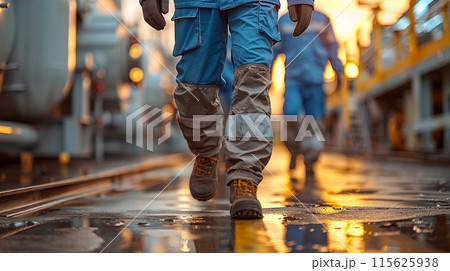 Workers protective walking through industrial plant, highlighting hard work dedication industrial 115625938