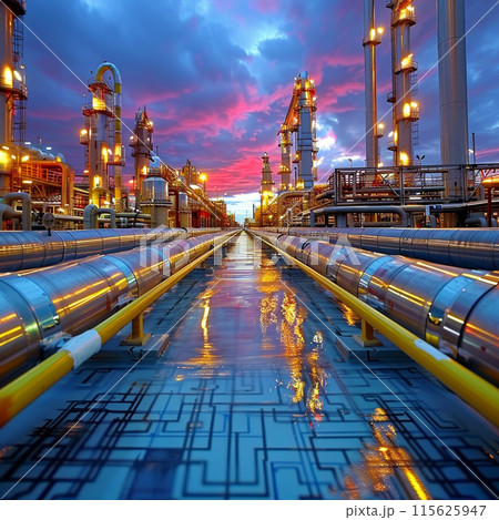 Low angle close up shot of complex pipeline networks of an oil refinery, taken soft morning light Low angle close up shot of complex pipeline networks of an oil refinery, taken soft morning light 115625947