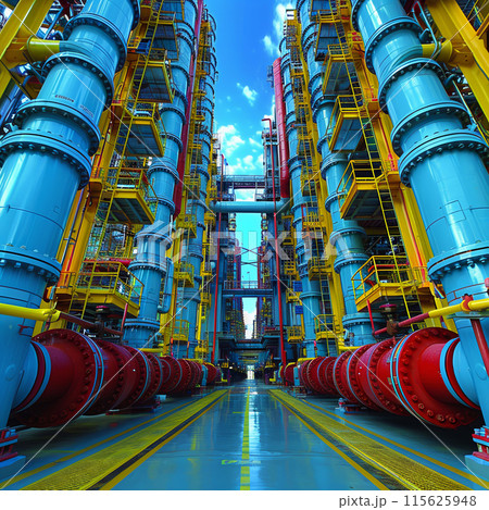 Low angle close up shot of complex pipeline networks of an oil refinery, taken soft morning light 115625948