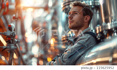 Worker uniform industrial plant, makes survey, checking equipment against background 115625952