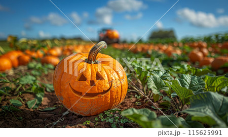 Carved Halloween pumpkin field under clear, symbolizing festive spirit traditions autumn Halloween 115625991