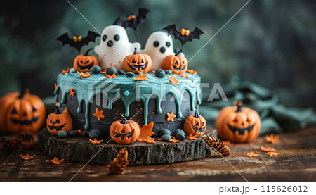 Halloween cake decorated pumpkins, bats, dripping orange icing. The cake sits on dark surface 115626012