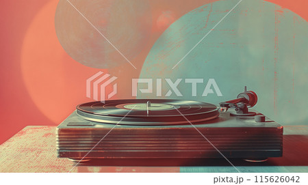 Classic record player with a vinyl disc illuminated by soft red and blue light 115626042