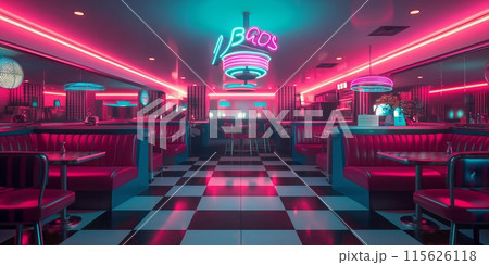 Retro 1950s diner setting with empty booths and vibrant neon lighting Retro 1950s diner setting with empty booths and vibrant neon lighting 115626118