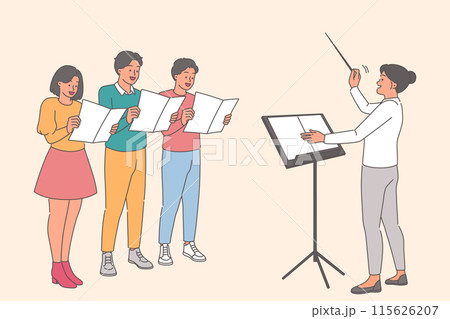 Choral singing from teenagers standing near conductor and rehearsing performance of new song 115626207