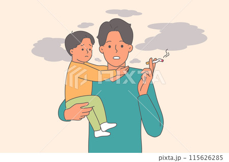 Man smokes and holds little son in arms, for concept harm of passive smoking causing cancer Man smokes and holds little son in arms, for concept harm of passive smoking causing cancer 115626285