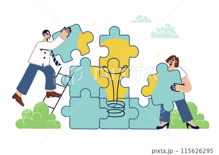 Team work on building new startup with innovative idea, from man and woman with puzzle pieces 115626295