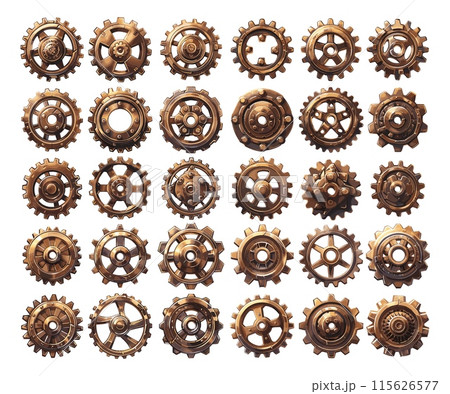 Bronze gears cartoon vector set. Round circles geared wheel steampunk metal brass mechanisms vintage retro parts machinery components, illustration isolated on white background Bronze gears cartoon vector set. Round circles geared wheel steampunk metal brass mechanisms vintage retro parts machinery components, illustration isolated on white background 115626577