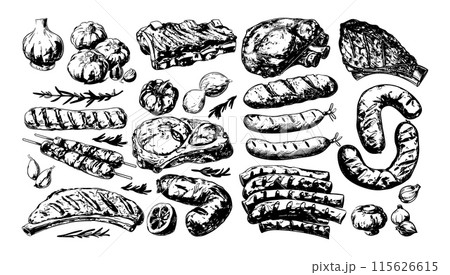 BBQ food black ink sketch vector set. Sausages meat grilled ribs pepper steak lemon garlic vegetables mushrooms salad products, illustration isolated on white background 115626615