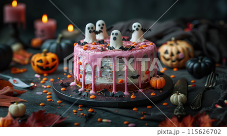 Halloween cake decorated pumpkins, bats, dripping orange icing. The cake sits on dark surface 115626702