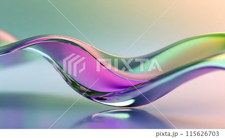 Abstract liquid glass shape with colorful reflections. Ribbon of curved water with glossy color wavy fluid motion. Chromatic dispersion flying and thin film spectral effect. 115626703