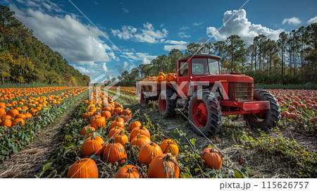Tractor in pumpkin field during harvest season,...のイラスト素材 [115626757 ...